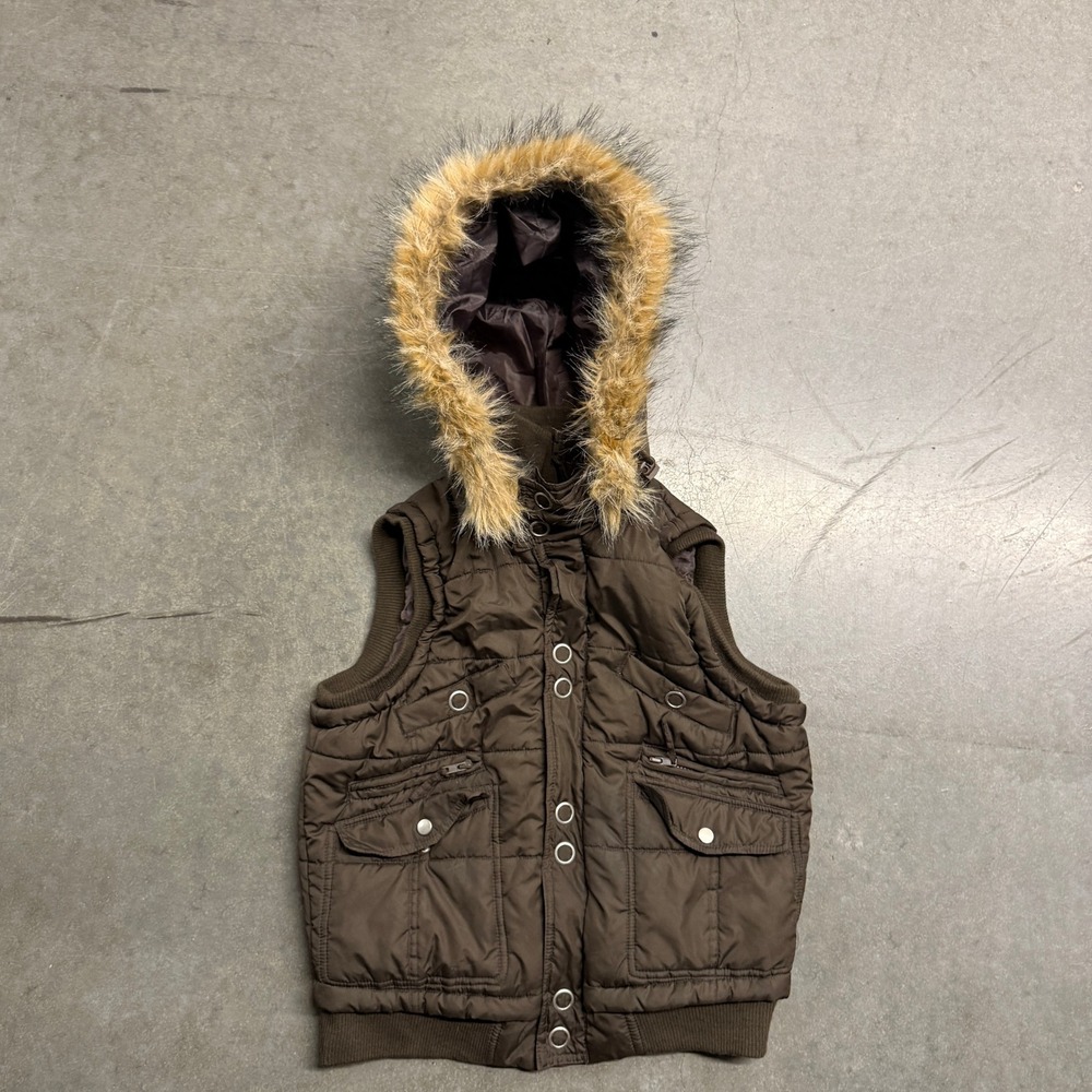 Paris Blues Brown Puffer Vest Faux Fur Trim Hooded Quilted Sleeveless Jacket L